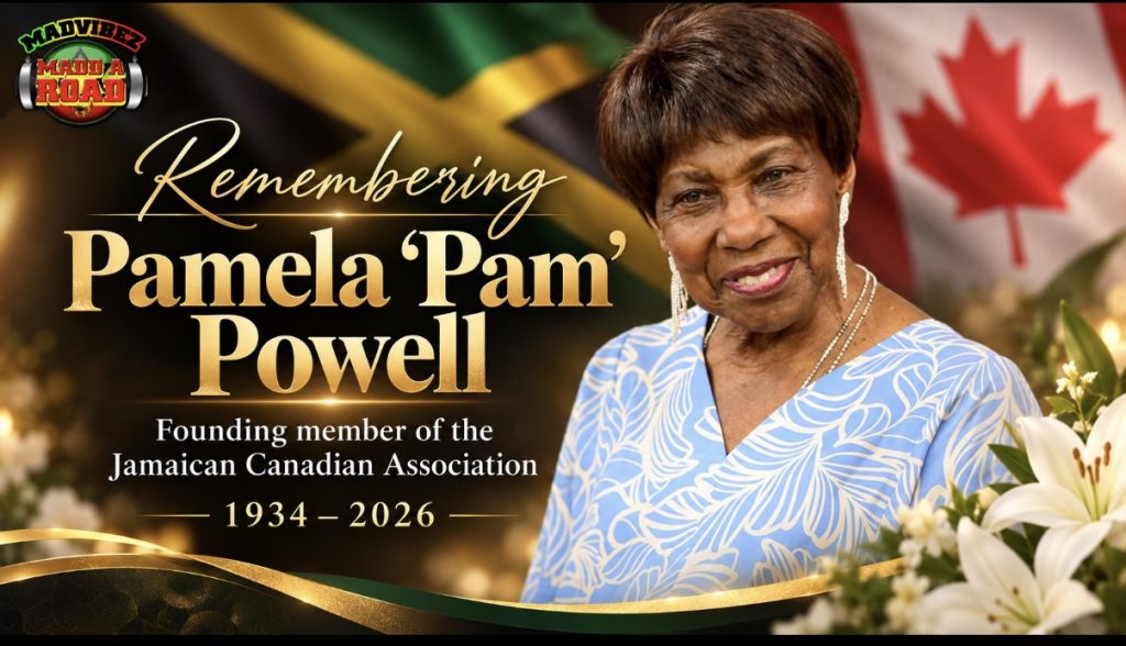 Tribute graphic with supplied photograph of Pamela Pam Powell, Jamaican and Canadian flags, and her founding Jamaican Canadian Association role.